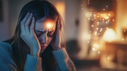 Obraz premium headache pain holding their head in distress, highlighted pain areas, blurred background of a home setting
