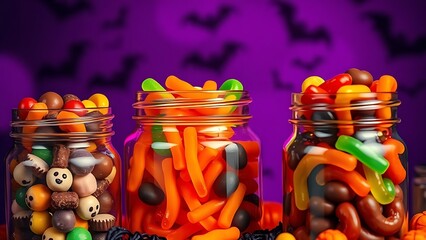 Candy-filled glass jars with chocolates, creating a whimsical Halloween treat display.