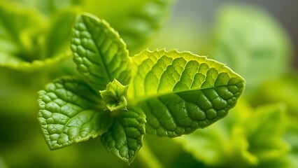 A close-up of a fresh mint leaf highlighting its vibrant green hue and intricate vein patterns.