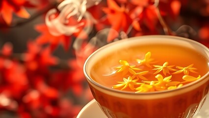 Steaming chrysanthemum tea in a porcelain cup with golden petals, reflecting autumn tranquility.