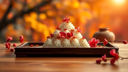 Delicate rice cake pyramid dusted with osmanthus flowers, showcasing festive autumn flavors.