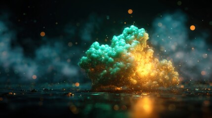 submicroscopic. A single, complex, glowing molecule emerges from a dark, primordial aqueous solution, symbolizing the spark of life. STEM education sheets.