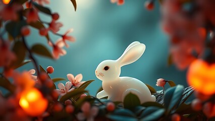 Jade rabbit figurine nestled among osmanthus blossoms, bathed in soft moonlight with a dreamy backdrop.