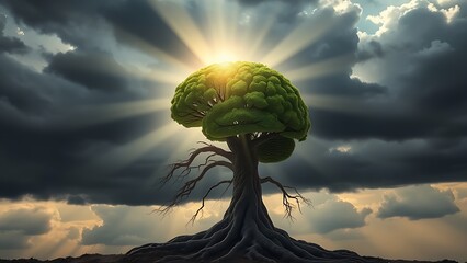 A luminous sunbeam breaks through storm clouds to illuminate a human brain model made of intricate, healthy tree roots.