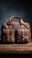 Aged leather briefcase on rustic wooden table
