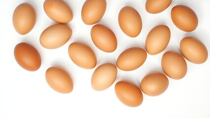 Brown eggs neatly arranged on a white surface, showcasing simplicity and natural food.