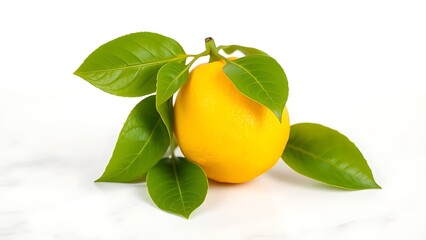Fresh lemon with green leaves on a marble surface, showcasing vibrant yellow against a clean white background.