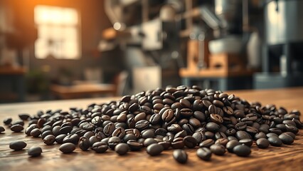 Freshly roasted coffee beans on wood with aromatic steam in warm directional light.