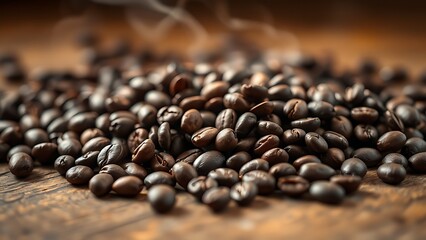 Fresh coffee beans on wood with steam, evoking warmth and rich aroma.