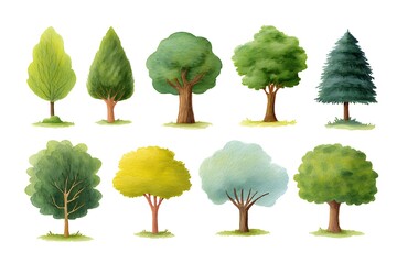 Fototapeta premium Set of different green trees isolated on white background.