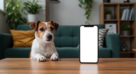 A curious Jack Russell terrier sitting next to a smartphone with a blank white screen in a cozy living room