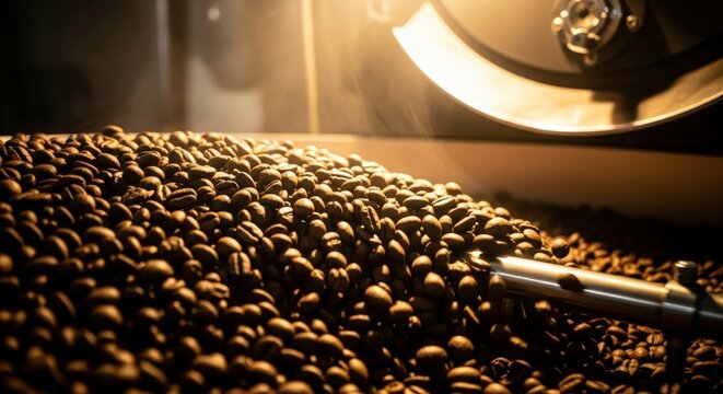 Close up of aromatic coffee beans tumbling in a roasting machine.
