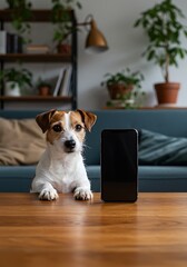 A curious Jack Russell terrier sitting next to a smartphone with a blank white screen in a cozy living room