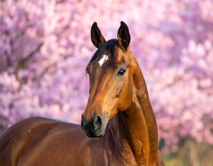 A chestnut horse gazes thoughtfully into the distance, its profile framed by a soft backdrop of blossoming pink cherry trees.
