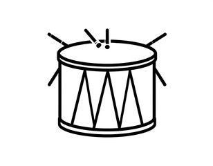 Simple black line drawing of a drum with sticks.