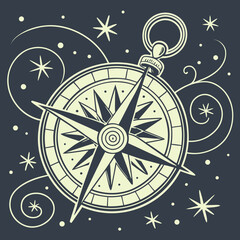 A vintage style compass rose with swirling celestial elements and stars against a dark background representing navigation and exploration