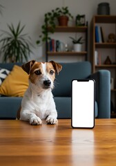 A curious Jack Russell terrier sitting next to a smartphone with a blank white screen in a cozy living room