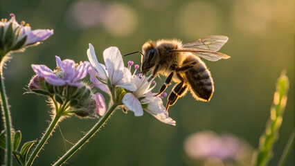 Honeybee collecting nectar from a delicate purple wildflower in soft sunlight