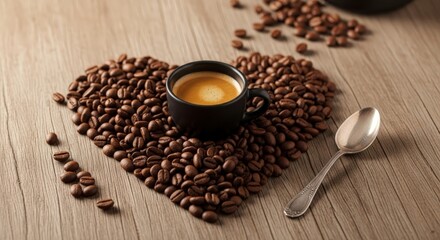 Espresso cup resting inside a heart shape made from roasted coffee beans on a wooden surface.