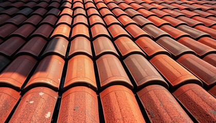 Close-up view of aged, textured roof tiles, showing natural weathering and shadow detail,  metal,  design
