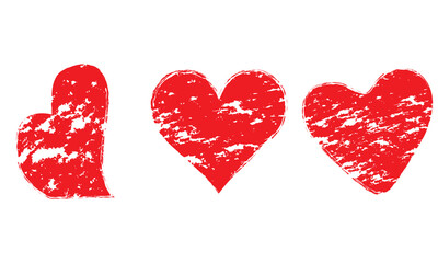 Hand drawn red heart doodles. Red crayon heart collection with textured effect. Three hand drawn red heart illustrations with sketchy and rough style, symbolizing love, romance, and affection.
