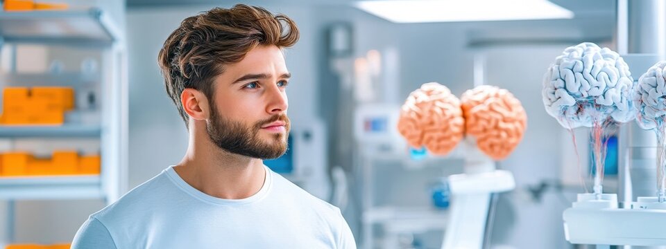 Young Man in Lab with Brain Models and Modern Equipment