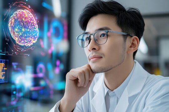 Young Scientist Contemplating Future Ideas with Digital Brain Interface