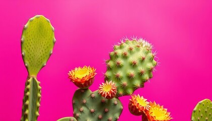 A prickly pear cactus sits against a vibrant pink background, plant, bright