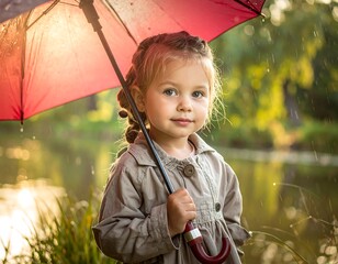 A young girl with a red umbrella in a park