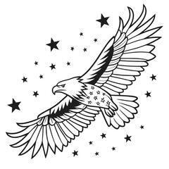 Majestic american bald eagle soaring through a field of stars symbolizing freedom and patriotism in a bold black and white illustration