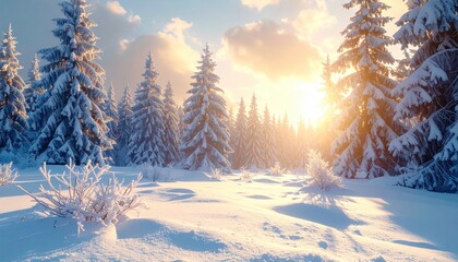 Snowy Forest Landscape with Sunlight Shining Through Trees in Winter Season