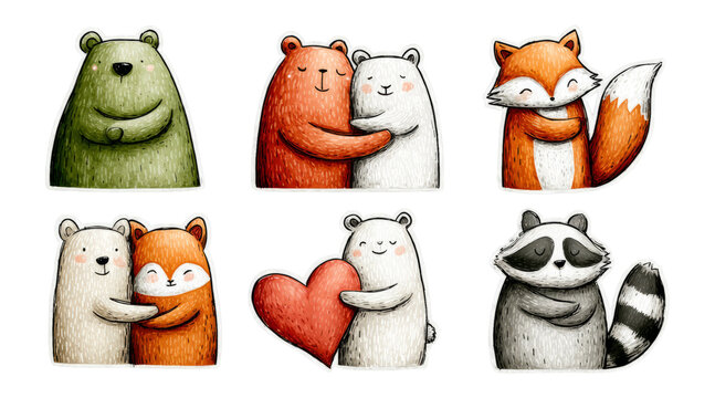 Adorable Animal Characters Embracing Each Other in Colorful Hand-Drawn Style