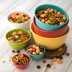 assorted snack mix in nesting bowls