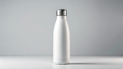 Modern white reusable water bottle with silver cap on a minimalist background