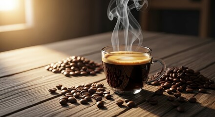 Steaming cup of hot black coffee on a rustic wooden table with beans.
