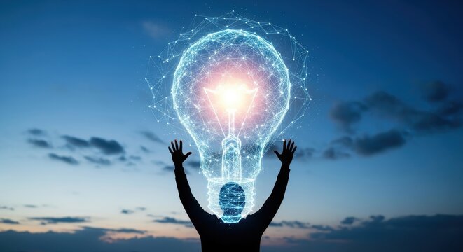 Man with raised hands holding lightbulb representing idea and innovation concept