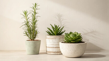 Fototapeta premium Three potted succulent plants on a light colored surface with soft shadows