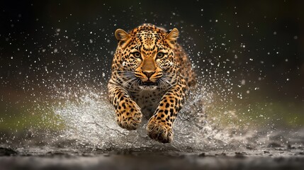 Leaping Leopard Running Through Water