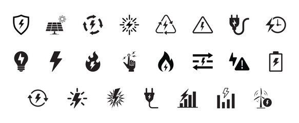 Electricity and energy icon set. Vector glyph pictograms of lightning bolt, battery, plug, solar panel, wind turbine, power, renewable energy, electrical safety black silhouette. vector eps file.
