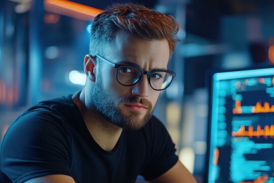 Young Man in Glasses Working at Computer with Data Visualization Charts