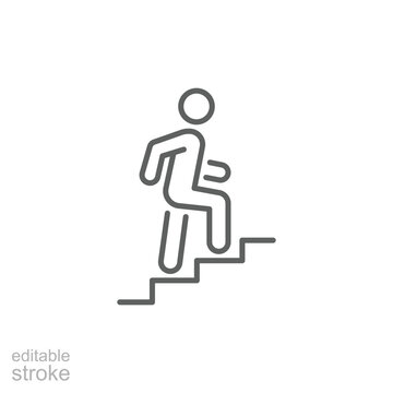 Man climbs the stairs icon. Simple outline style. Stair, walk, climb, staircase, step, up, career, person, rise, level, business concept. Thin line symbol. Isolated design editable stroke.
