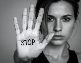 Woman's hand displaying "STOP.