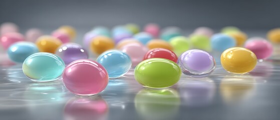 A vibrant collection of multicolored translucent gel beads are artistically arranged on a reflective surface creating a visually appealing texture.