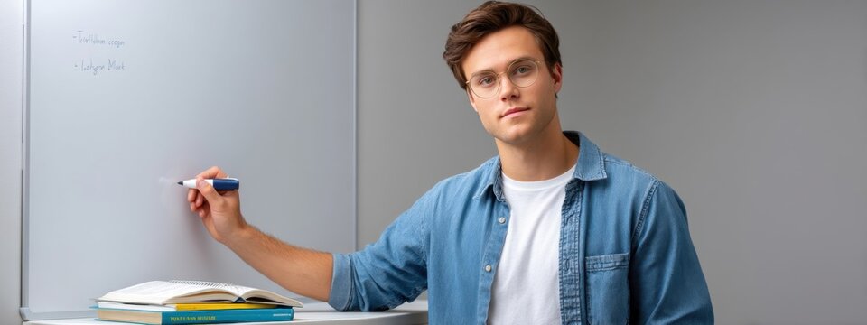 Young Man with Glasses Writing on Whiteboard in Modern Classroom