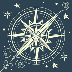 Vintage compass rose illustration with decorative swirls and stars on a dark blue background symbolizing exploration and adventure