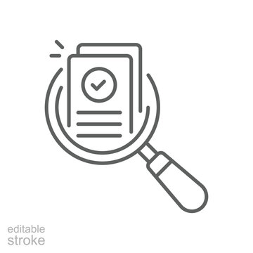 Review, assesment or audit icon. Simple outline style. Research, overview, report, case, data, glass, document, analysis, discovery, check concept. Thin line symbol. Isolated design editable stroke.