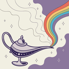 Whimsical illustration of a genie lamp releasing a vibrant rainbow colored smoke stream with stars and wavy lines against a cream and purple background