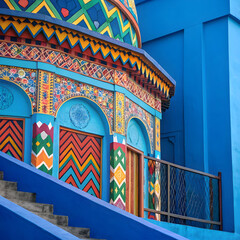 on a blue background laid out multicolored pattern