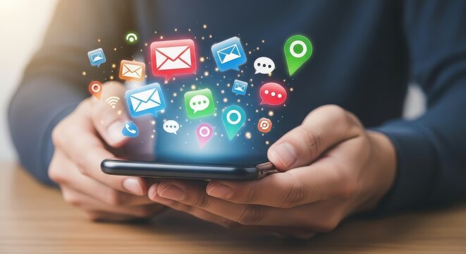 Person using mobile phone with social media and communication applications