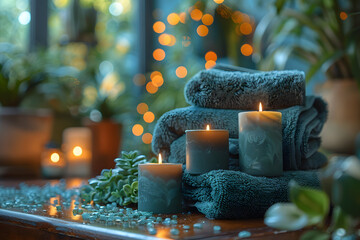 A cozy spa flat lay with lit candles, smooth pebbles, and a small bowl of essential oils placed on a linen cloth. Soft diffused daylight enhances the calming and organic aesthetic